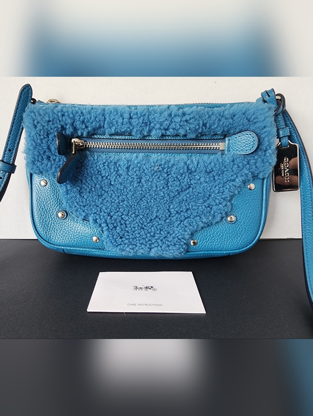 Coach Rhyder Faux Shearling & Leather Pouchette, Blue, Like New, 2015 - Picture 2 of 9